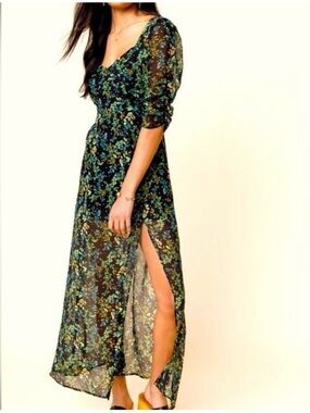 Francesca’s Floral Maxi Dress | Black/Green | Side Slit | Flowy & Romantic